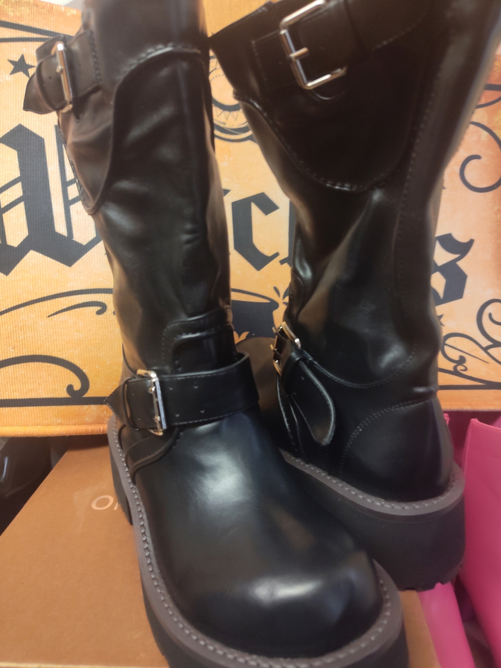 Black Leather Buckle Mid-Calf Women's Boots - Picture 5 of 7